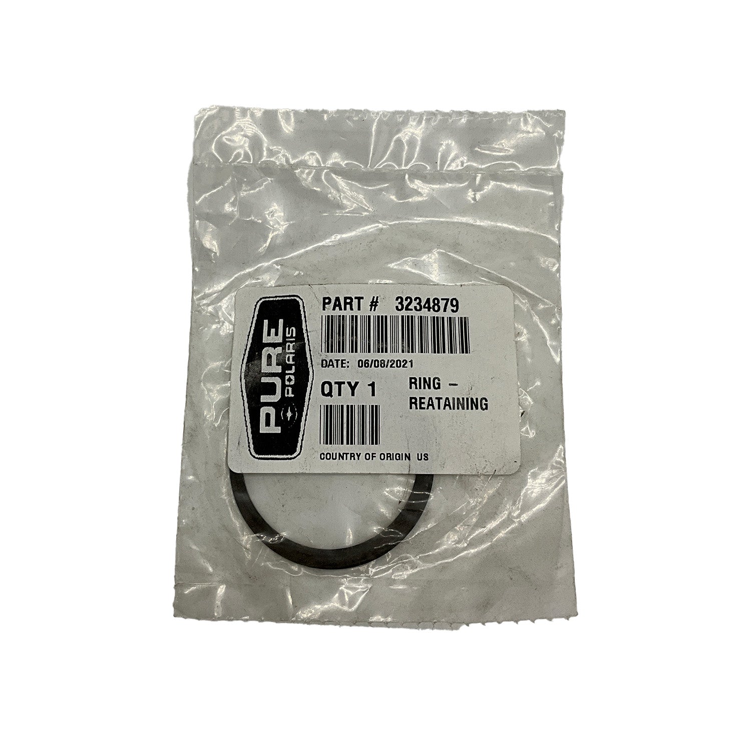 Black retaining ring sealed in clear plastic packaging with white label showing part number and quantity.