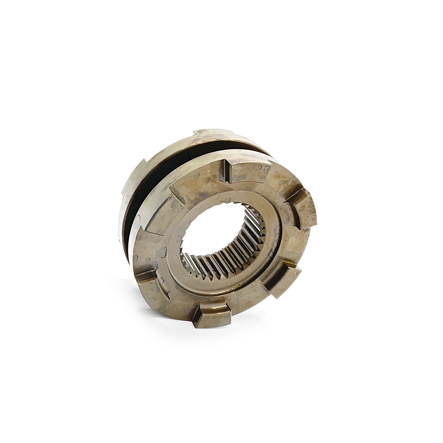 Metal six-face engagement dog gear with internal teeth and slots on a white background.