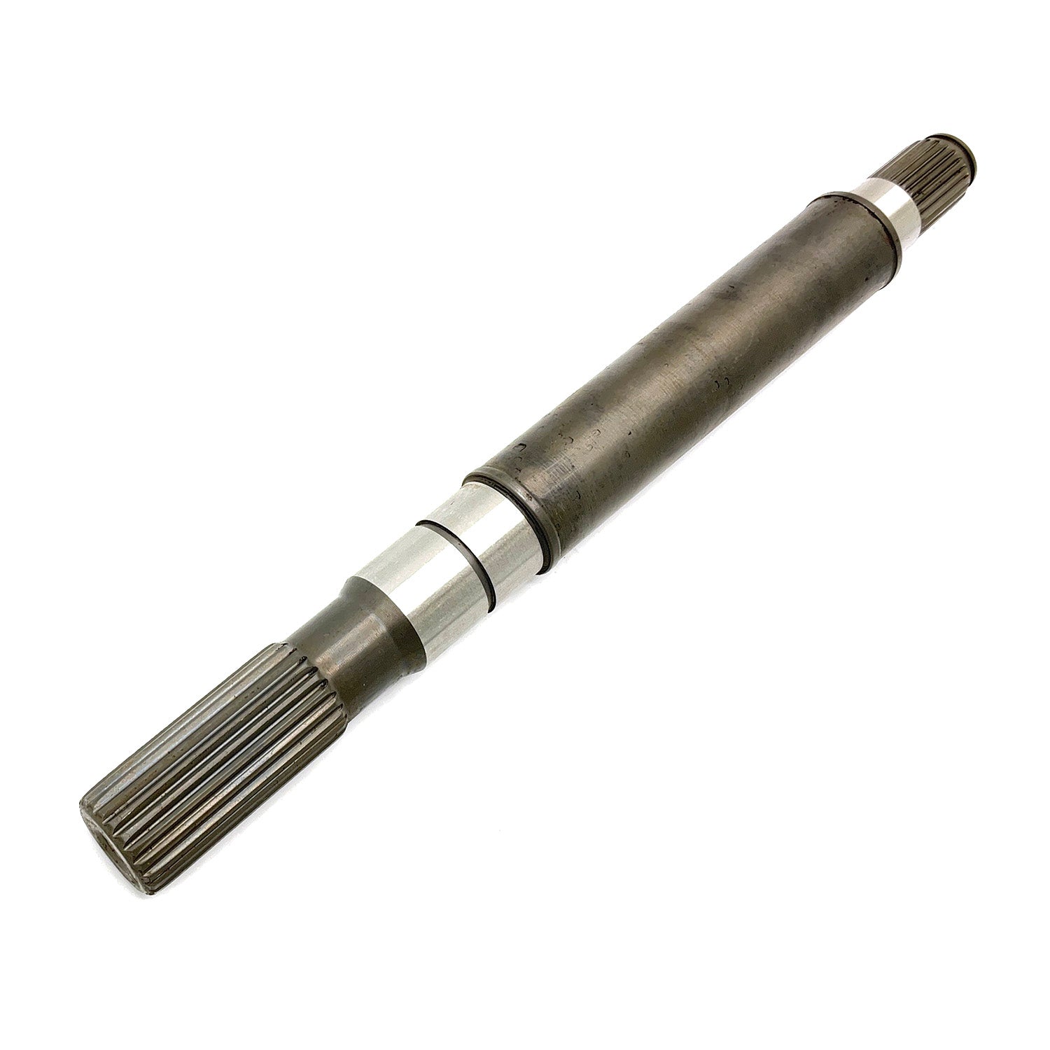 Metal front output shaft with spline teeth on both ends and central smooth cylindrical section.