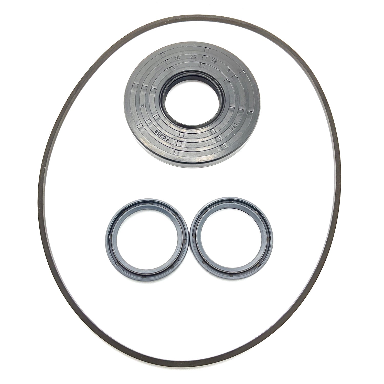 Gray rubber seal with embossed markings, two smaller black rubber rings, and a thin black rubber belt arranged on white.