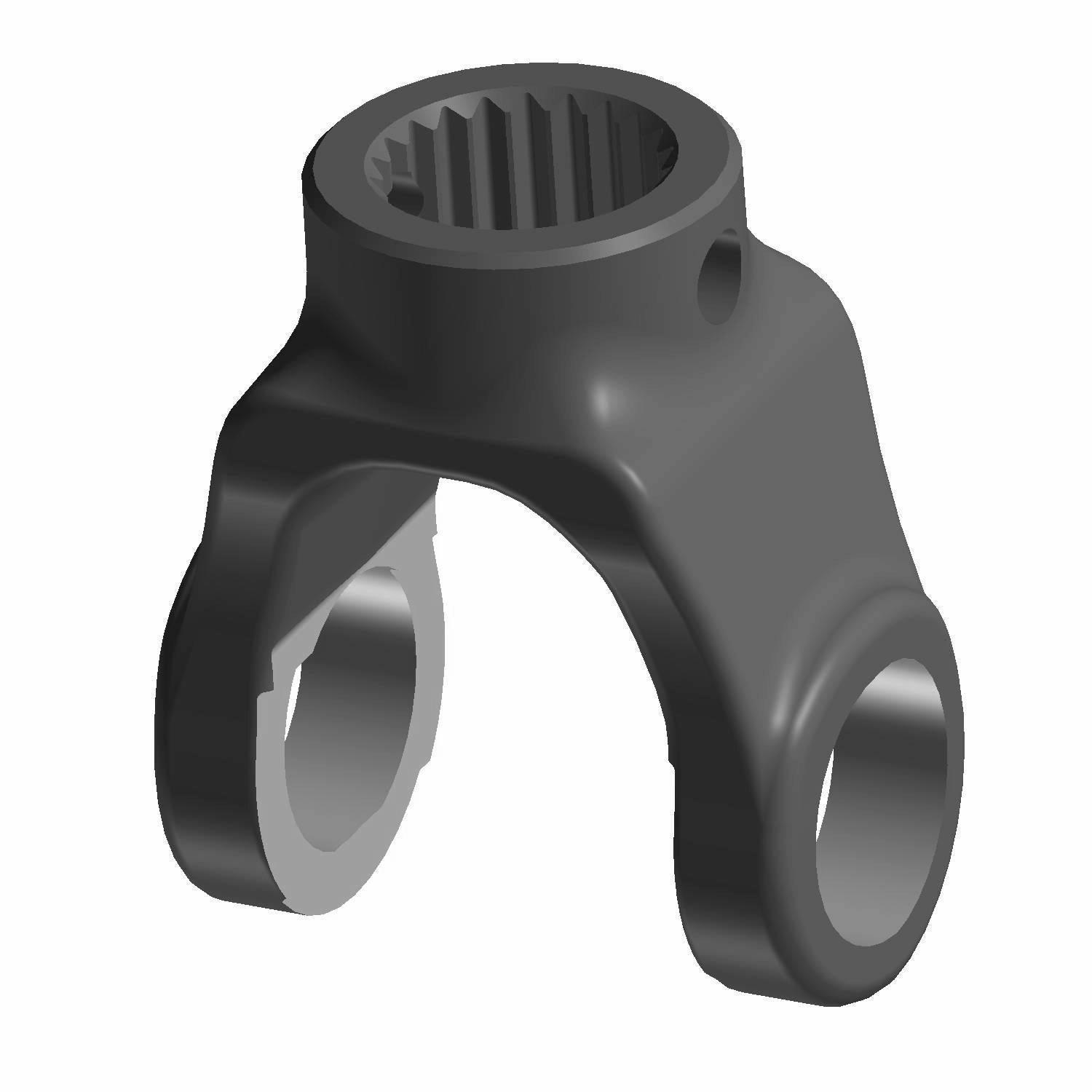 Black metal pin yoke with splined central hole and two rounded arms with circular openings.