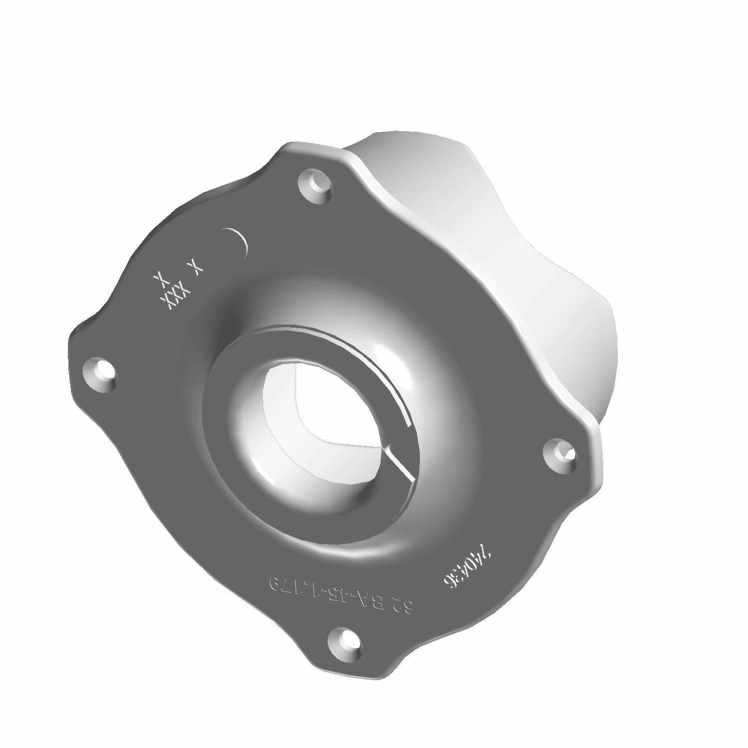 Gray metallic cam tied component with circular central hole and four mounting points.
