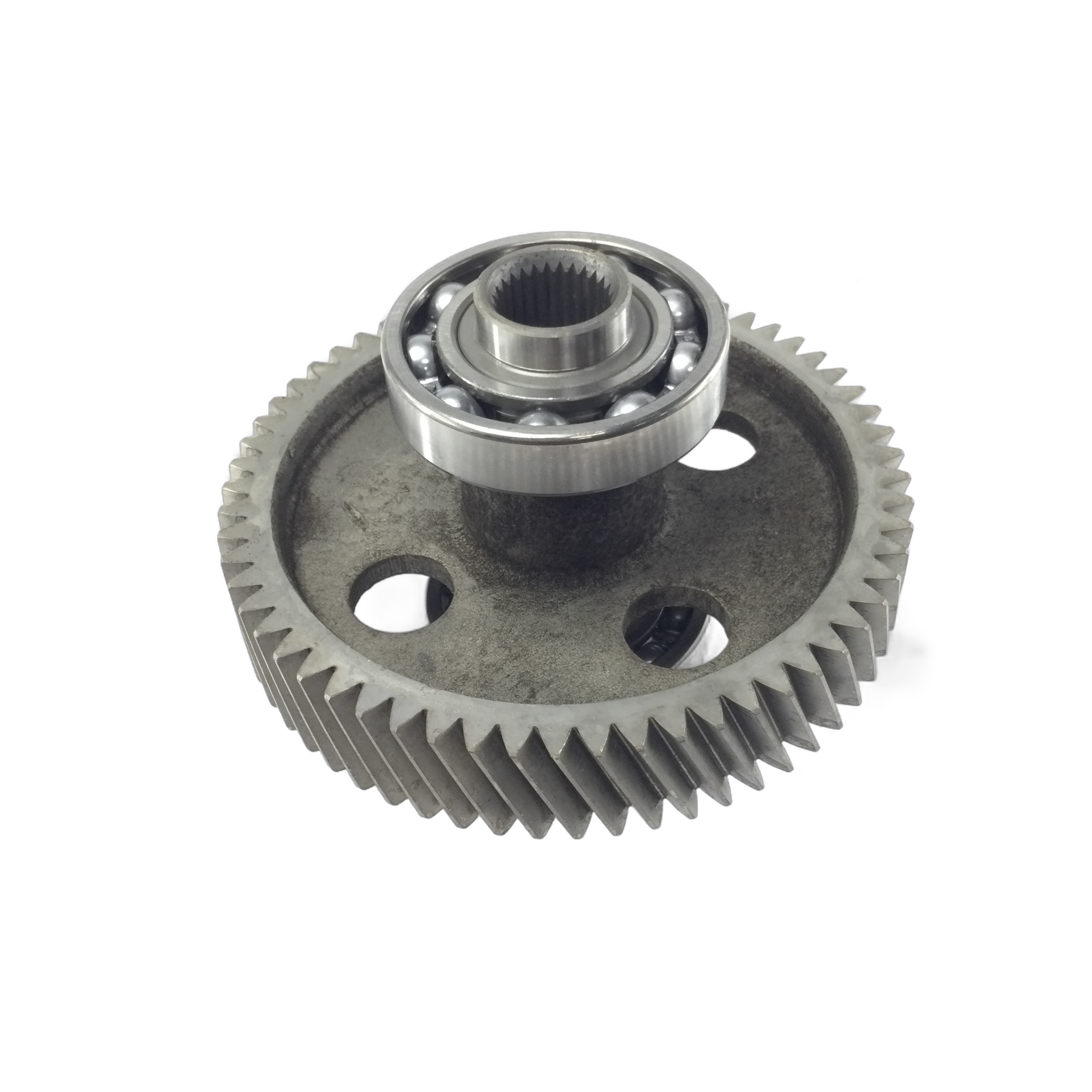 A close-up of the Assembly-Sub, Output by Polaris—a metal gear with straight teeth and a central ball bearing—an essential Polaris ATV part, shown isolated on a white background.