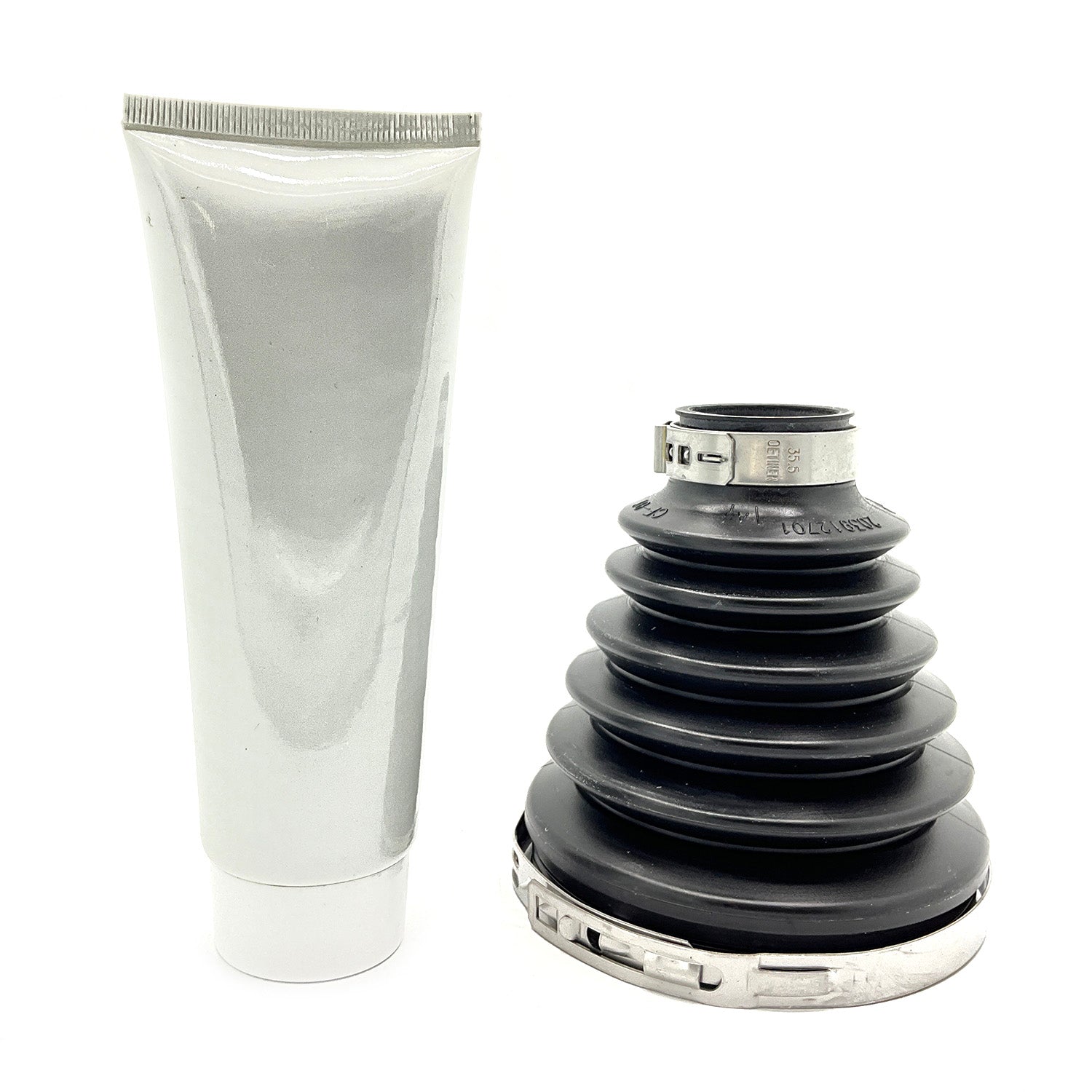 Black accordion-style rubber rear CV boot with silver metal clamps and white lubricant tube.