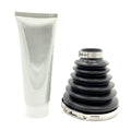Black accordion-style rubber rear CV boot with silver metal clamps and white lubricant tube.