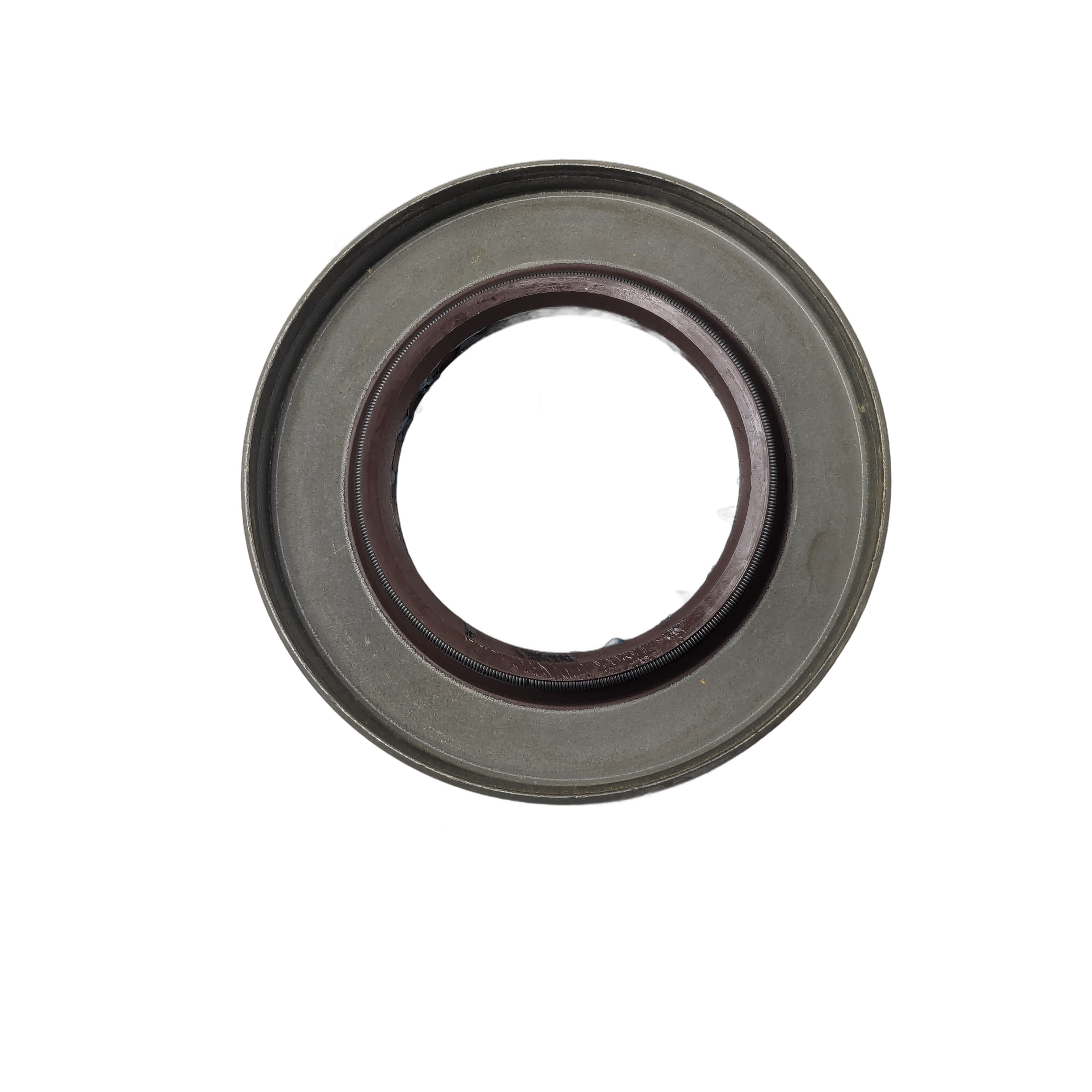 Round triple lip seal with gray outer metal ring and dark brown inner Viton rubber ring.