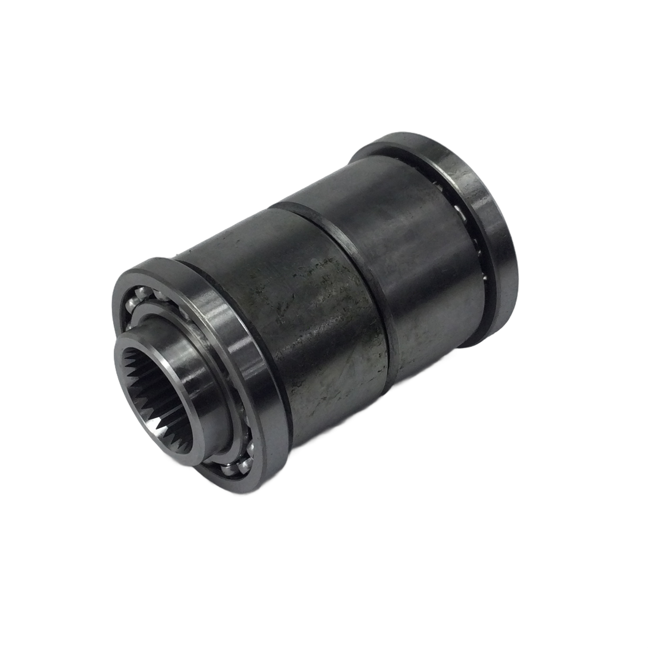 A dark, slightly worn cylindrical metal component with visible gears and ball bearings, identified as the Polaris Assembly-Output Hub OEM part for off-road machines or automotive assemblies.