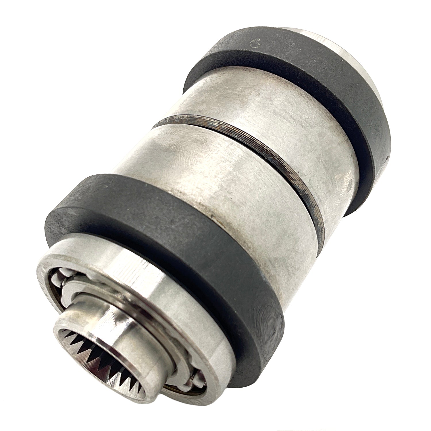 Metal cylindrical output hub with external rubber rings and internal gear teeth.