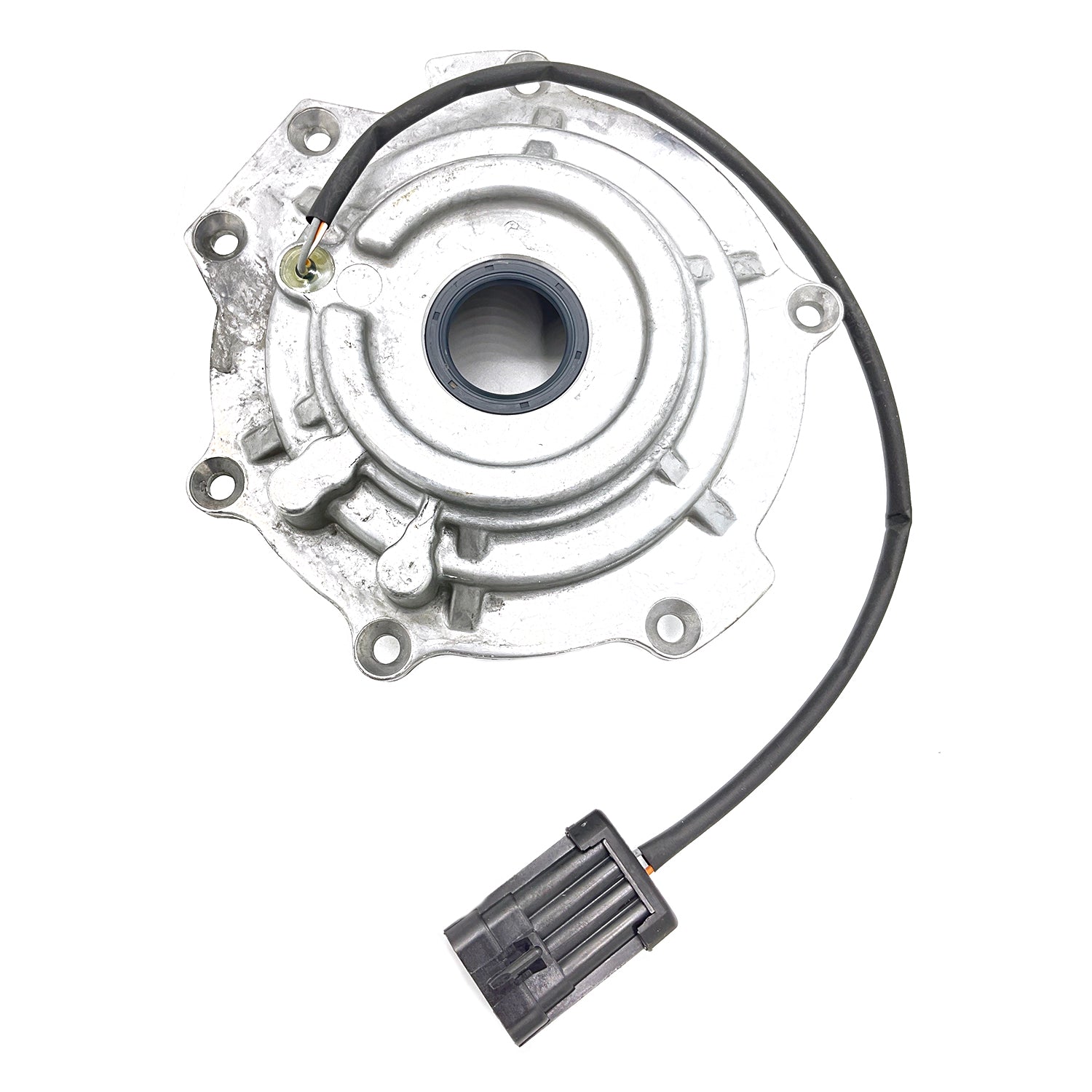 Silver metallic output cover with central circular opening and attached black electrical connector cable.