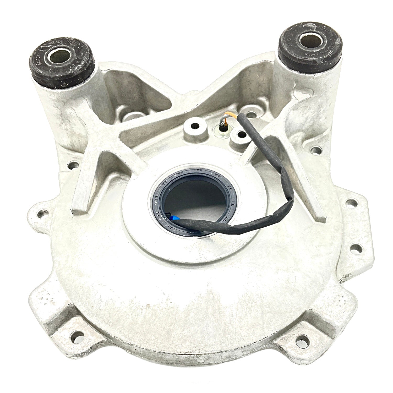 Silver metal output cover with circular center opening and attached black sensor wire.