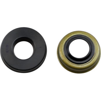 The Shock Oil Dust Seal Set 14 mm KYB by Race Tech includes two circular seals—one black and one metallic with a black center—displayed side by side on a white background.