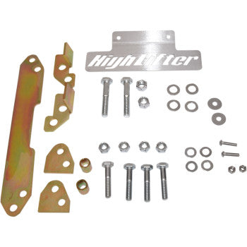 Assorted metal brackets, bolts, nuts, washers, and a silver High Lifter plate are arranged on a white background as the Lift Kit Front Back 2.00 by High Lifter, designed to increase ATV clearance.