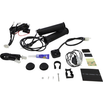 The 5 Level Thumb Throttle Heated Grips 7/8" by Koso North America, including wires, connectors, adhesive pads, and temperature adjustment hardware, are displayed on a white surface.