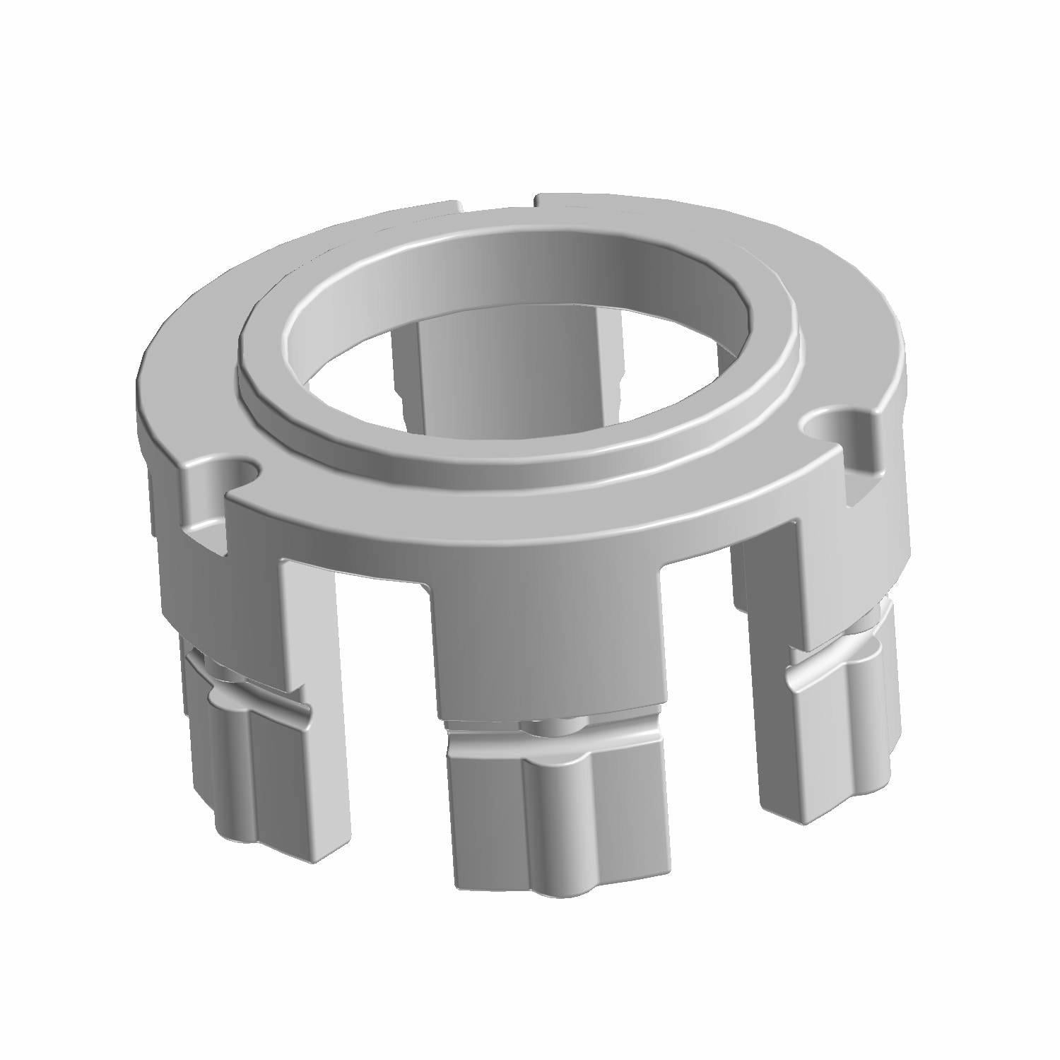 Gray circular plastic roll cage mounting collar with four vertical cutouts and a hollow center.