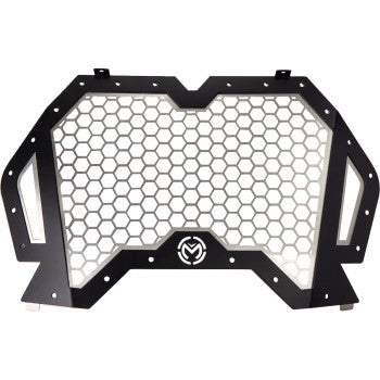 Black metal front grille with honeycomb mesh pattern and Moose logo for Polaris RZR 900 1000.