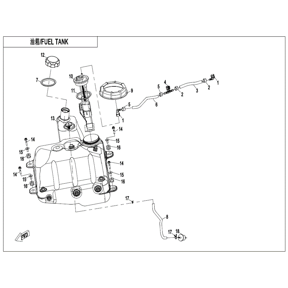 An Image of a genuine CFMOTO Parts Schematic Diagram showing the group - FUEL TANK (USA) - 2021 CFMOTO CFORCE 1000 Overland