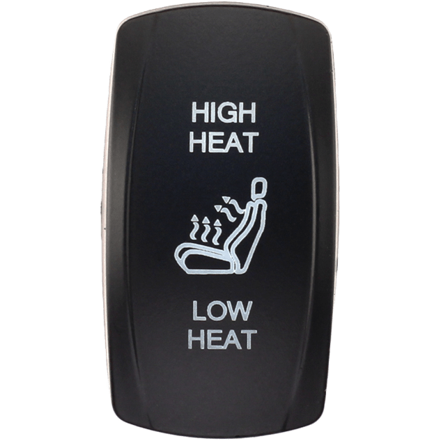 The Dash Switch Rocker Face High Low Heated Seats by XTC Power is a black switch with white text labeled HIGH HEAT on top, LOW HEAT below, and features a car seat icon with wavy heat lines in the center.