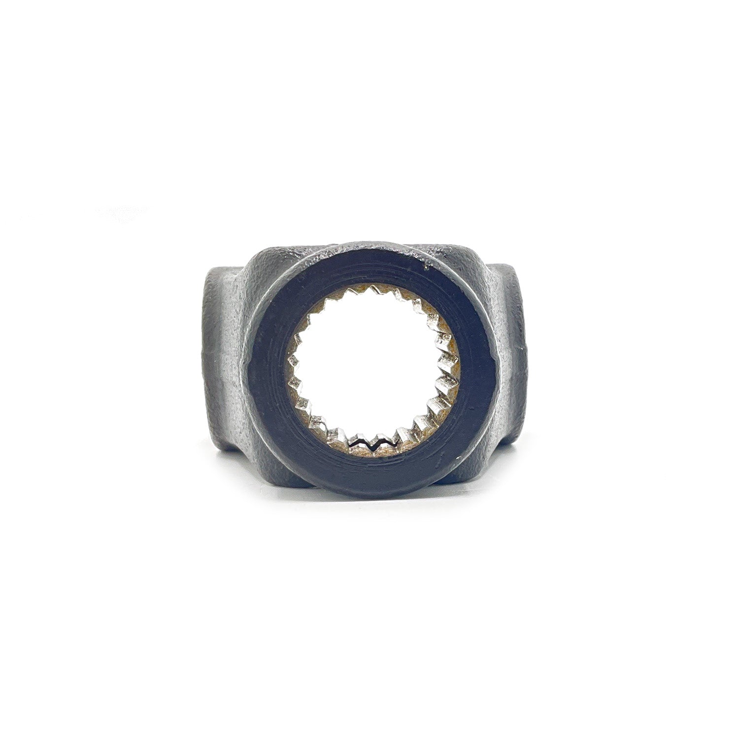 Metal front gearcase yoke with circular splined inner opening, finished in silver-gray steel.
