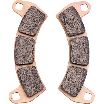 Two curved, rectangular Brake Pads by Galfer with metal backing plates and four friction segments each, displayed side by side on a white background.