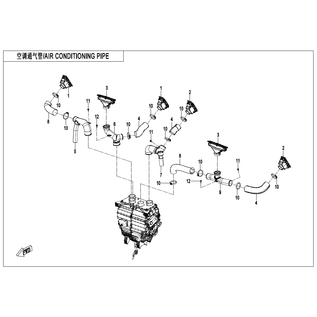 An Image of a Genuine CFMOTO Parts Schematic Diagram showing the schematic - AIR CONDITIONING PIPE - 2025 CFMOTO UFORCE U10 PRO HIGHLAND