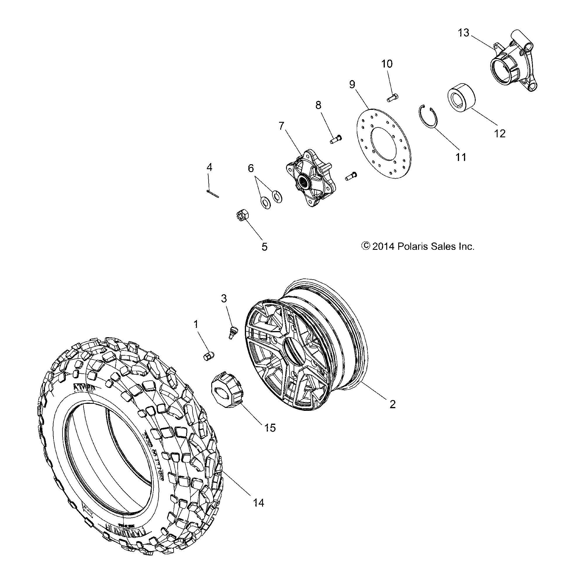 An Image of a Genuine Polaris Parts Schematic Diagram showing the schematic - WHEELS: REAR - 2015 POLARIS SPORTSMAN ACE 570 EFI