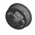 Round black plastic motorcycle tachometer housing with mounting points and connectors.