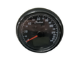 Black round speedometer with white numbering, red needle, and Indian logo at center.