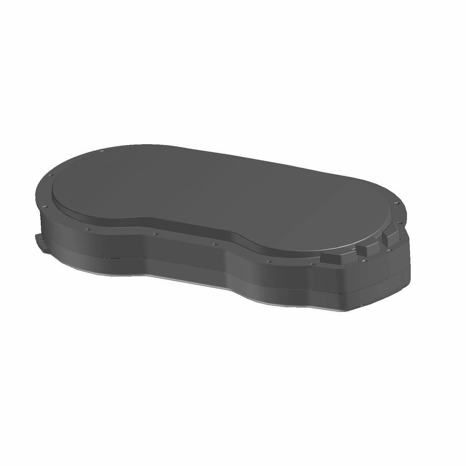 Black molded plastic gauge cluster cover with contoured edges and small tab details.