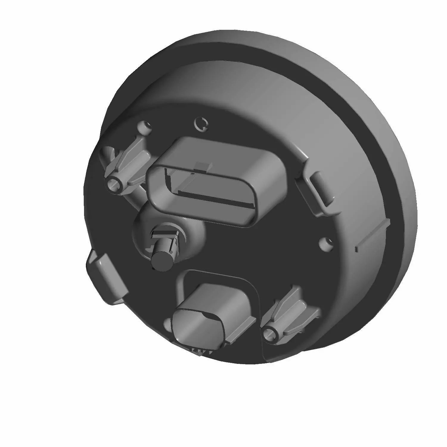 Round black electronic motorcycle display backside with multiple connector ports and mounting features.