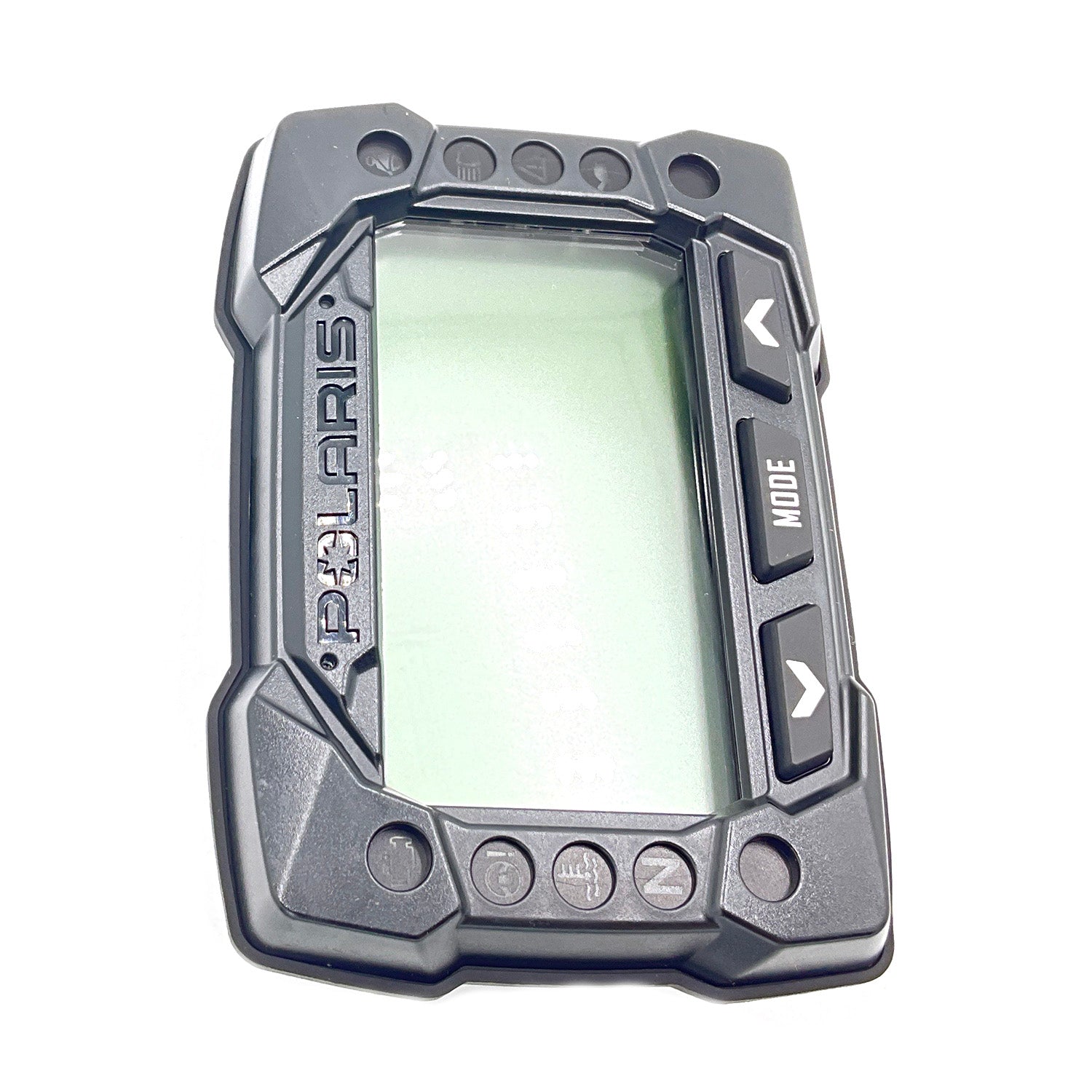 Black rugged plastic Polaris gauge cluster housing with display screen and three control buttons on right side.