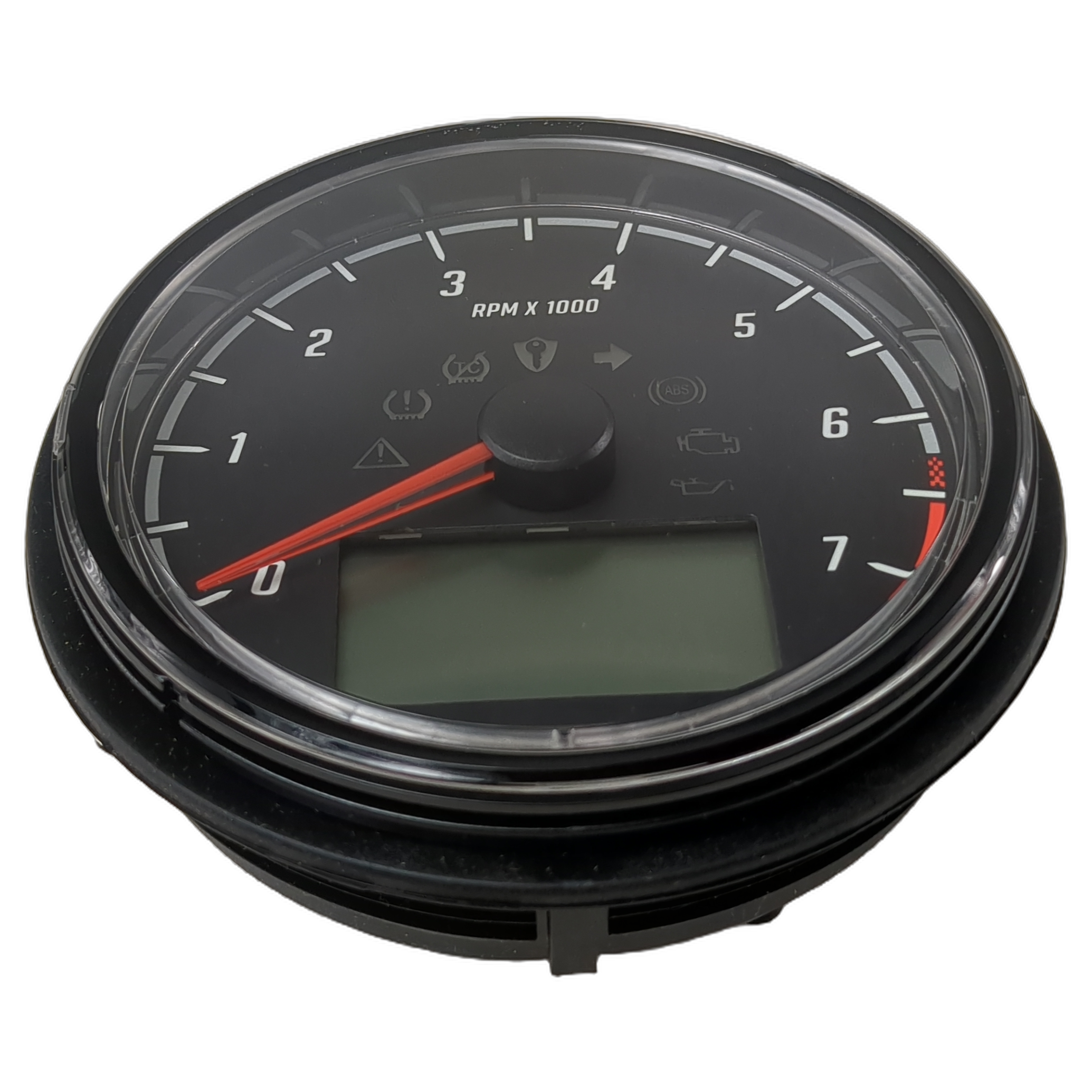 Round black motorcycle tachometer with white numerals, red needle, and digital display panel at bottom.