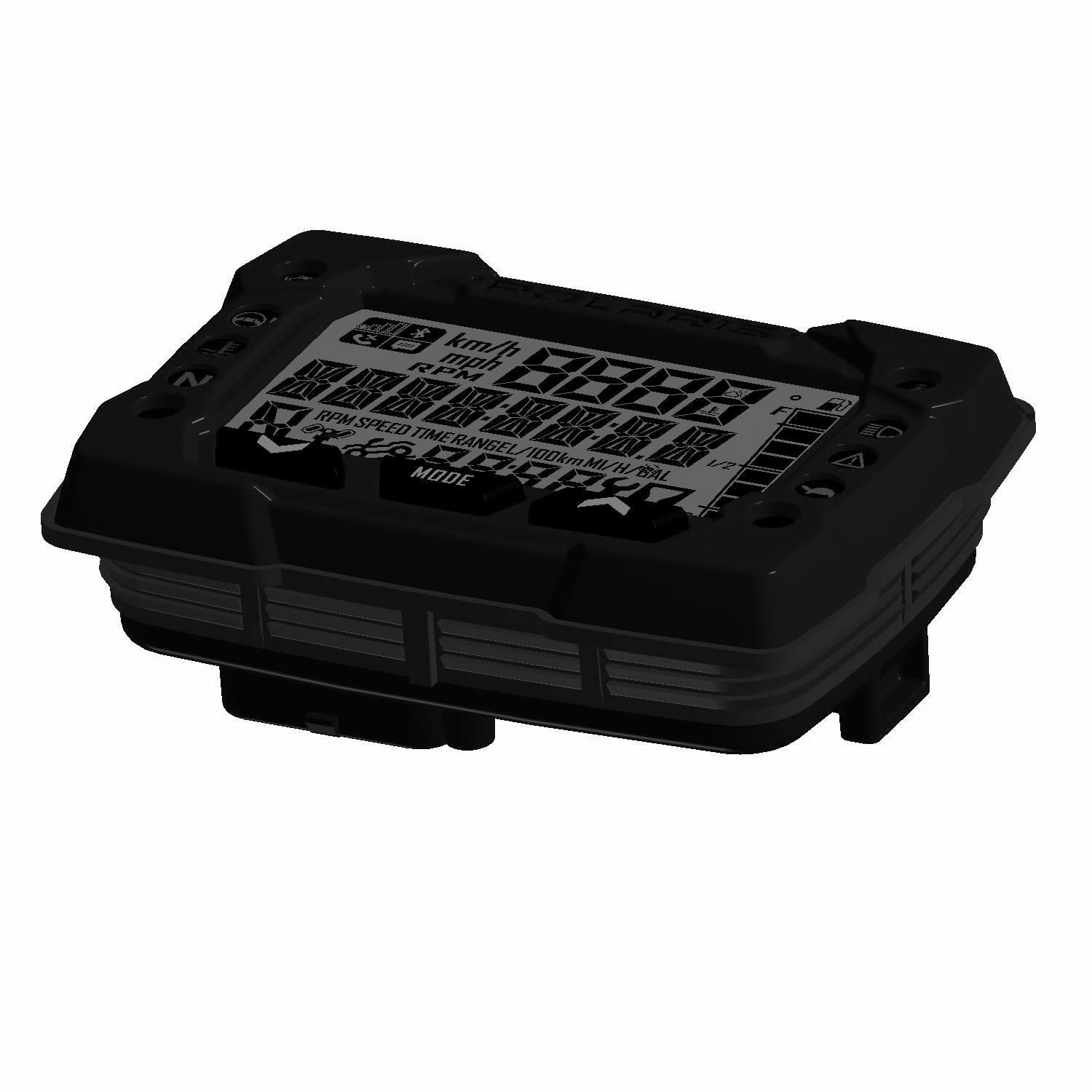 Black rectangular ATV gauge cluster with digital display and protective casing.