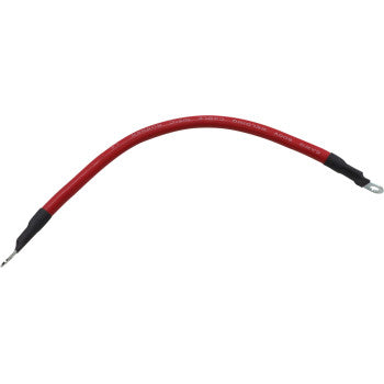 The Battery Cable 10" Red by Moose Offroad is a 6 gauge stranded copper wire for a UTV's second battery, featuring red insulation, black-insulated ends, metal ring terminals on both sides, and a slight curve against a white background.