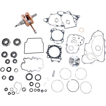 The Honda Engine Rebuild Kit Honda TRX R ER by Vertex, featuring a crankshaft, piston rings, seals, bearings, and multiple gaskets, is neatly arranged on a white background.