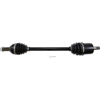 Black metal rear right axle shaft with rubber CV boot covers on both ends for offroad UTV use.