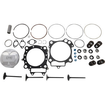 The Piston System by Kibblewhite includes a Cometic top end gasket kit, piston kit, seals, metal rings, valve springs, and Black Diamond engine valves, all arranged neatly on a white background.