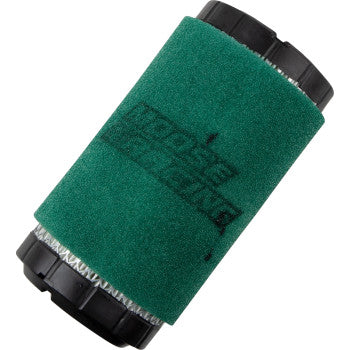 The Polaris Precision Pre Oiled Air Filter by Moose Offroad is a cylindrical filter with black plastic ends and a green foam cover featuring the Moose Racing logo in black. Comes pre-oiled for quick installation. Shown against a white background.