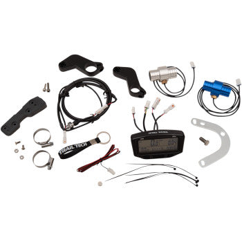 The Striker Digital Gauge by Trail Tech, shown on a white background, includes speedometer features, an LCD backlight display, display unit, cables, brackets, sensors, mounting hardware, zip ties, and a Trail Tech keychain.