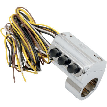 Chrome left-side motorcycle handlebar switch with three black buttons and attached multicolored wiring harness.