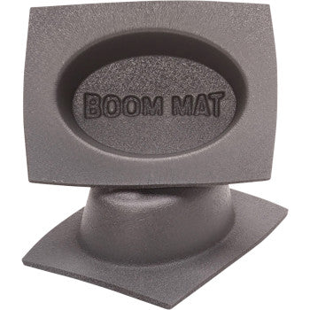 A gray, textured Speaker Baffles 6x9 Oval Slim by Dei features an oval indentation labeled BOOM MAT. Its curved, angled base is designed for sound insulation and vibration dampening to improve speaker performance.