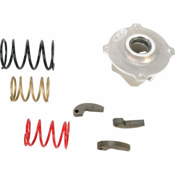 The Clutch Kit by Epi, featuring black, gold, and red springs, three small metal weights, and a round silver component—designed to boost low end acceleration for bikes with oversized tires—is displayed on a white background.
