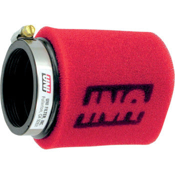The Two Stage Pod Air Filter Centered by Uni Filter is a red cylindrical foam filter with a black logo, featuring a screw-tightened metal clamp for secure attachment, designed for maximum airflow and carburetor protection.