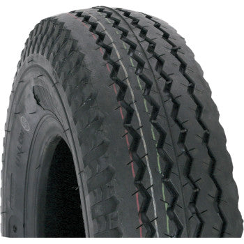 A close-up of the Kenda Tire 4.00-8 / 4.80-8 6 Ply shows its black rubber tubeless nylon build, zigzag tread, and faint center stripes—perfect as a trailer tire—displayed against a white background.