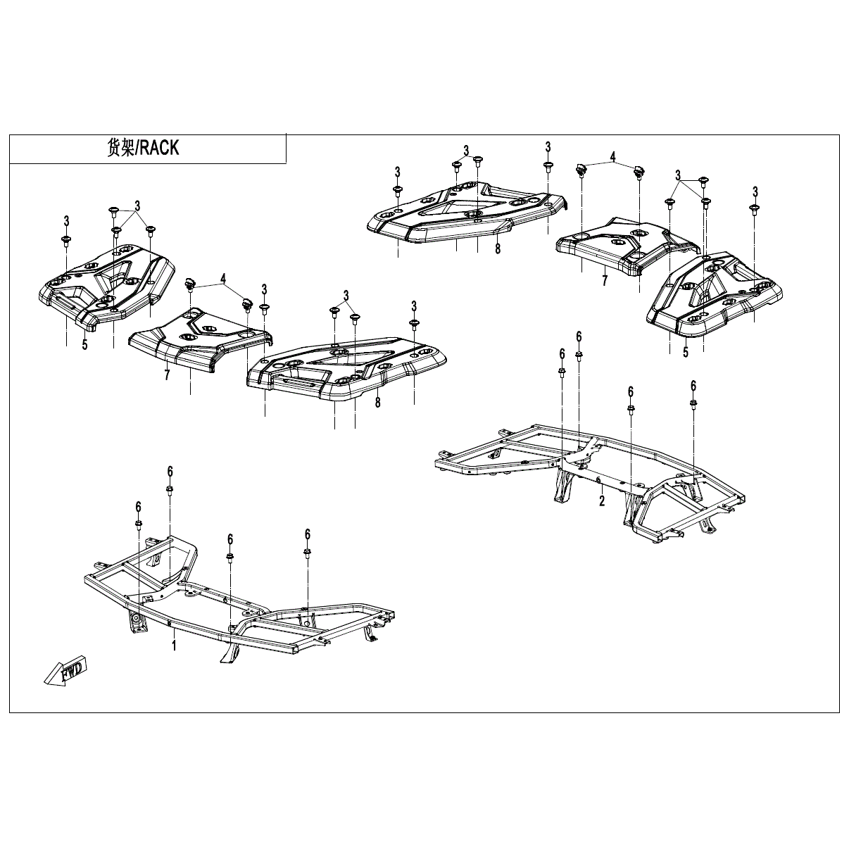 An Image of a genuine CFMOTO Parts Schematic Diagram showing the group - RACK - 2025 CFMOTO CFORCE 500 S