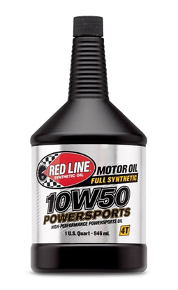 A 1-quart (946 mL) black bottle of Red Line Powersports Engine Oil 10W50, a full synthetic oil with ester base stocks, designed for four-stroke motocross bikes and high-performance engines.