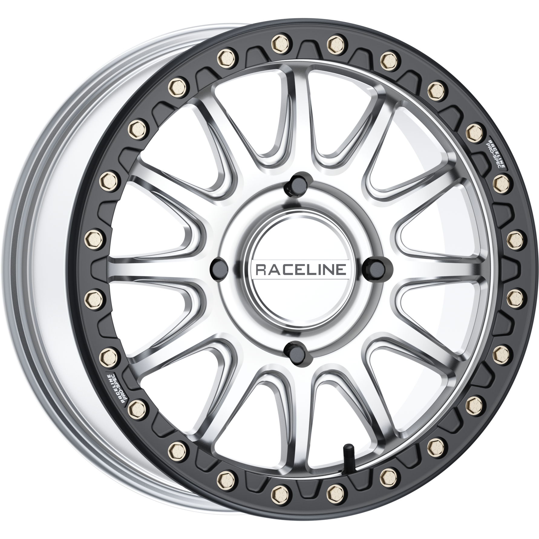A Raceline ATV / UTV Alpha Beadlock 17X7 4/137 (+40mm) wheel in silver with a black beadlock ring and gold bolts, featuring a multi-spoke design, is shown at an angle against a white background.