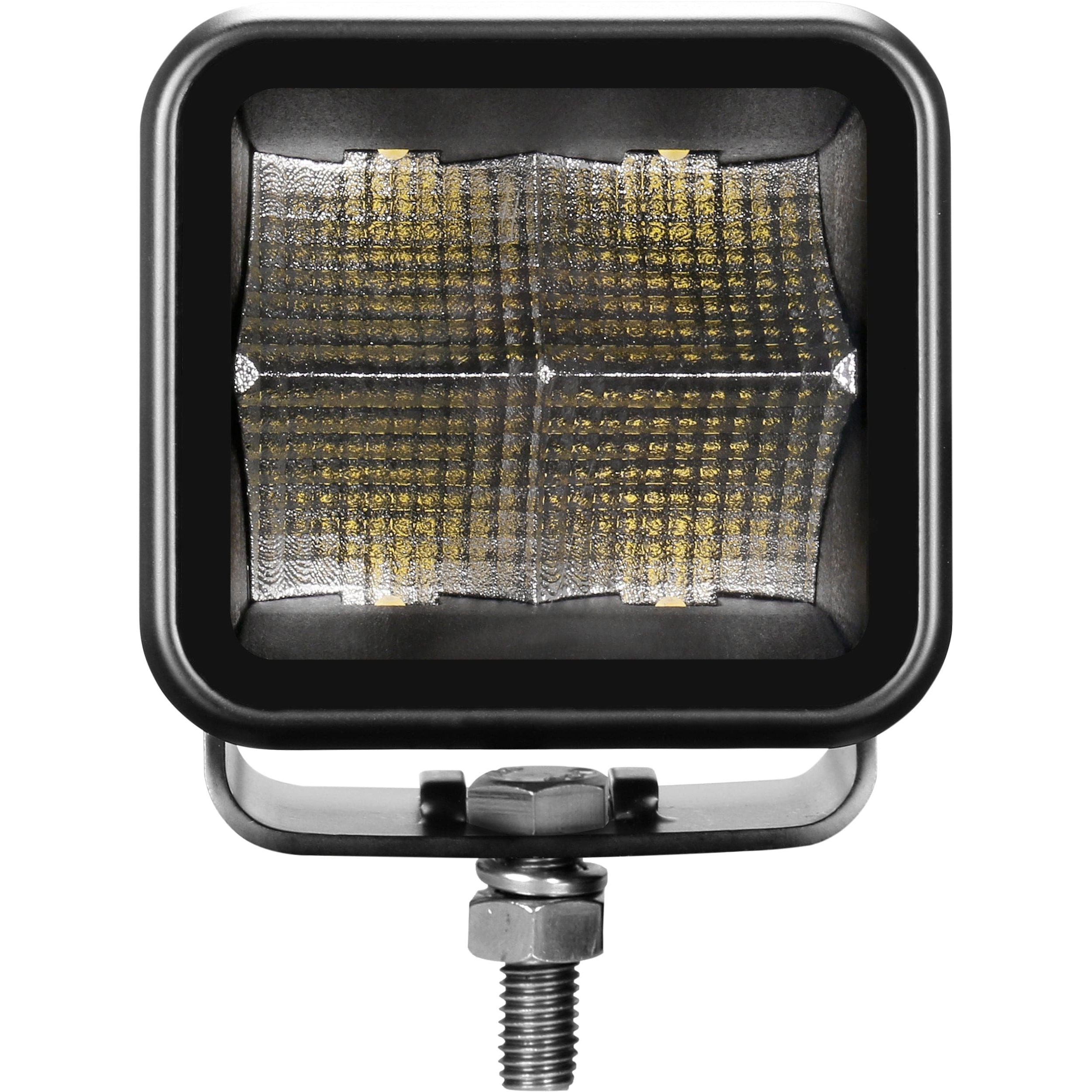 Close-up of a Stealth Led Pods Flood by Open Trail, featuring a square black frame, reflective interior, grid-pattern high-intensity LEDs, and mounted on a metal bracket with a bottom bolt.