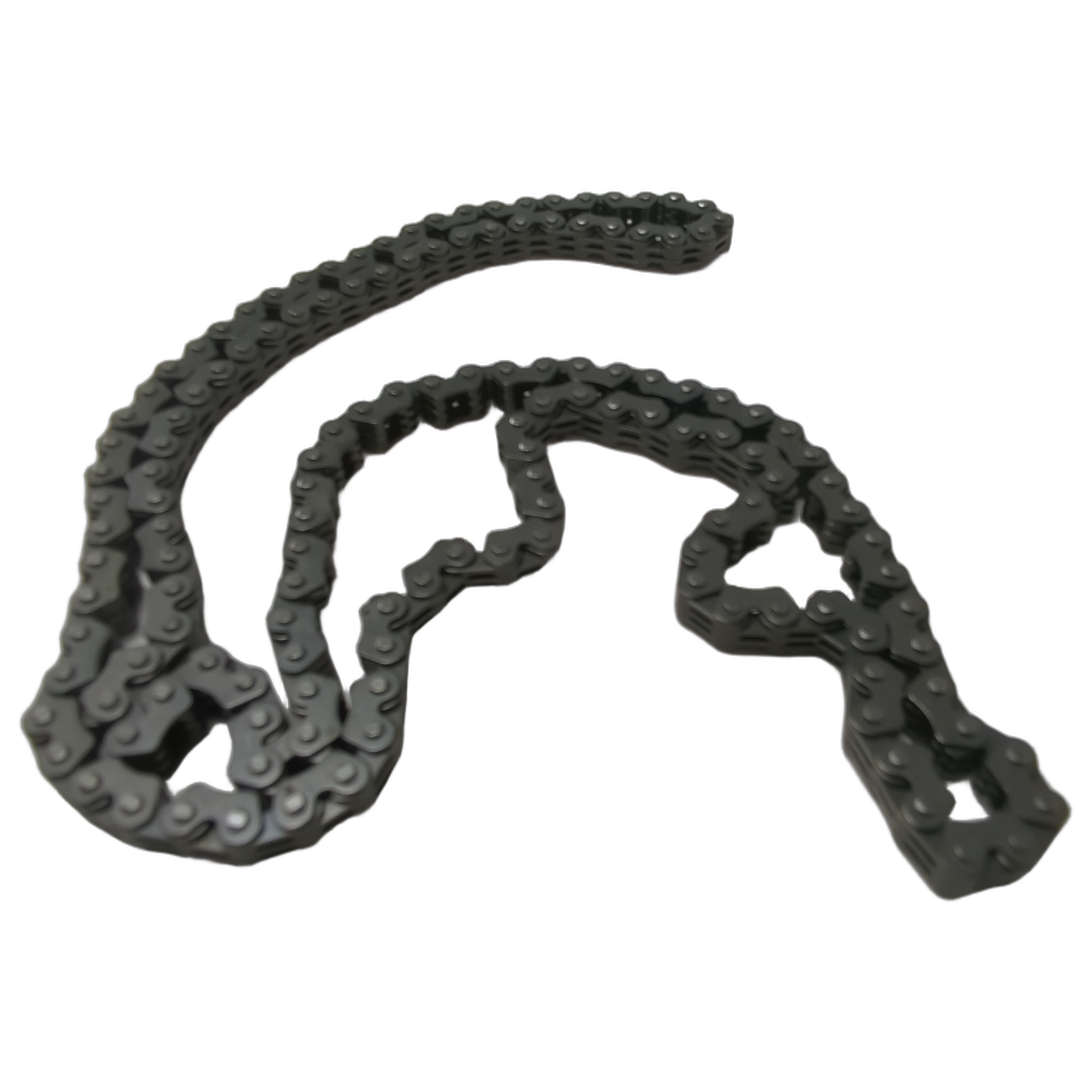 Black metal chain with evenly spaced links, designed for mechanical use, curved and coiled on a white background.