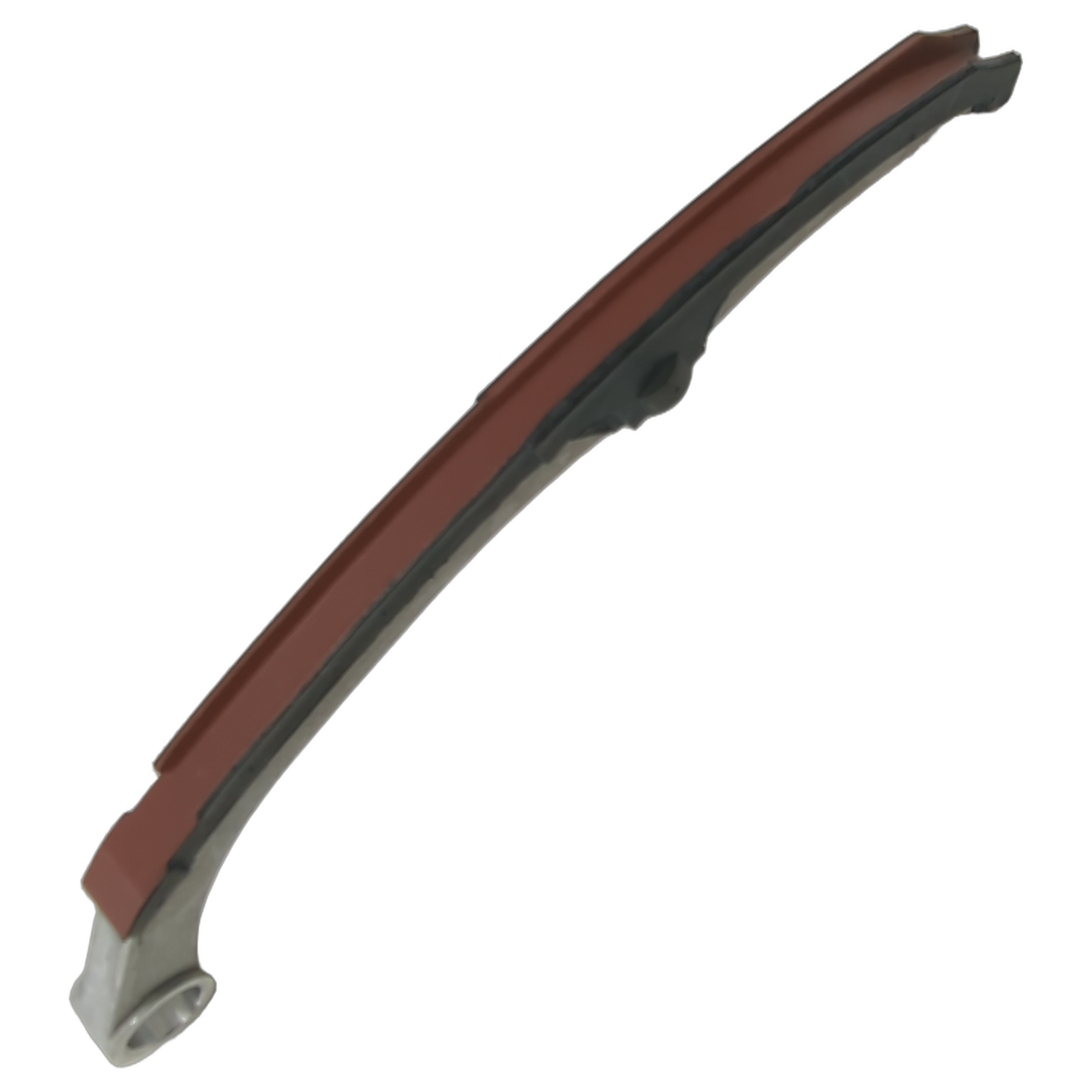 Curved black and brown cam chain tensioner with metal mounting bracket and adjustable end.