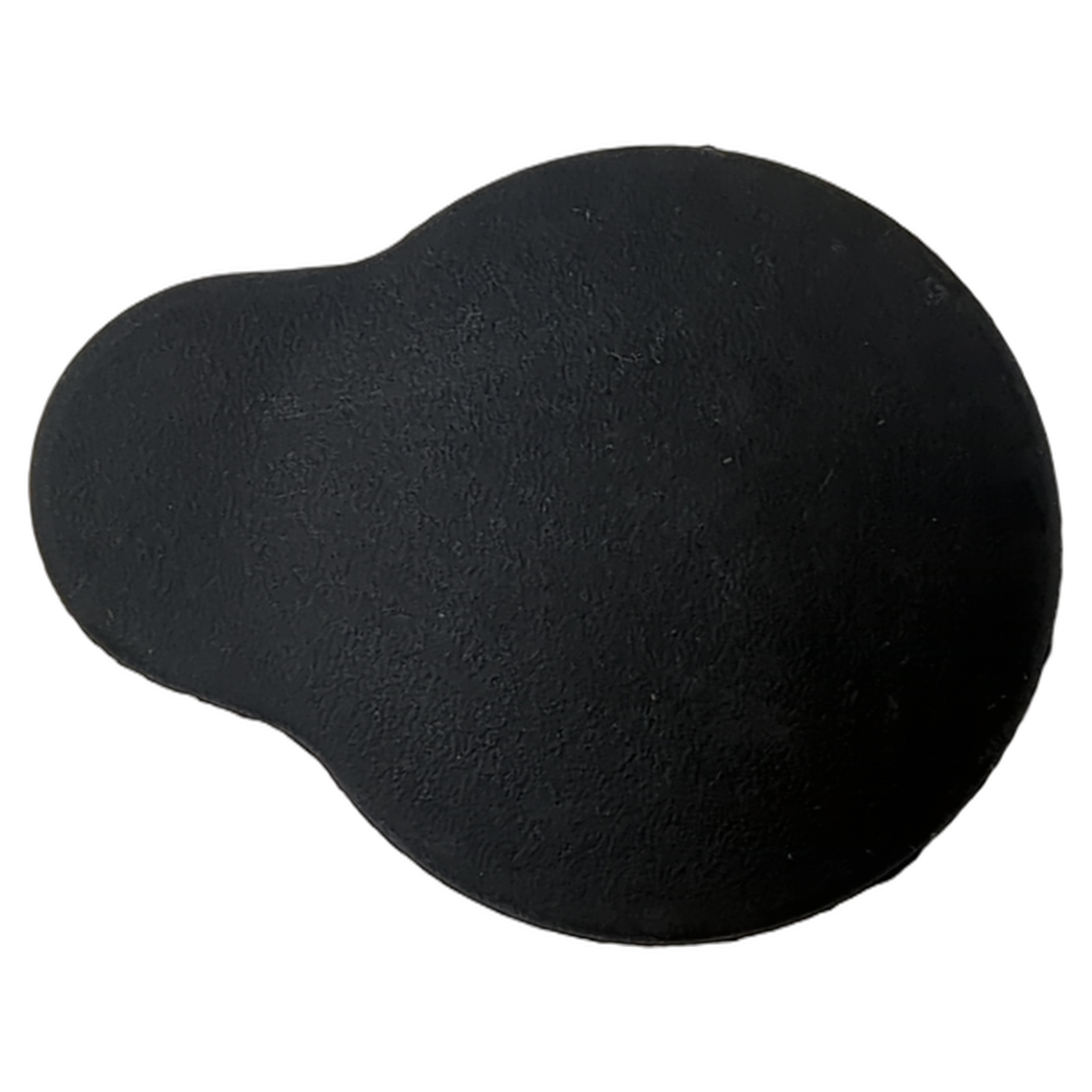 Black textured plastic cap reserve tank cover with rounded shape and extended tab for grip.